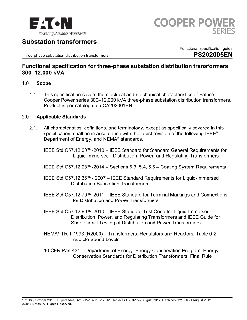 Functional Specification for Three-Phase Substationdistribution Transformers 300 12,000 Kva