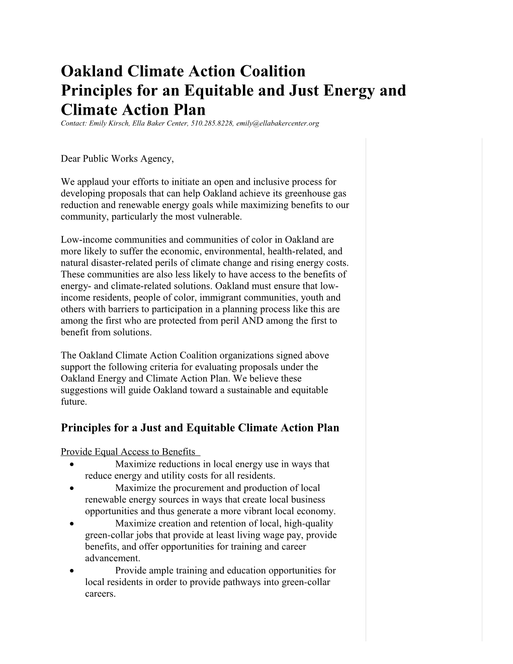 Re: Support Criteria for Evaluating Oakland Energy and Climate Action Proposals (ECAP)