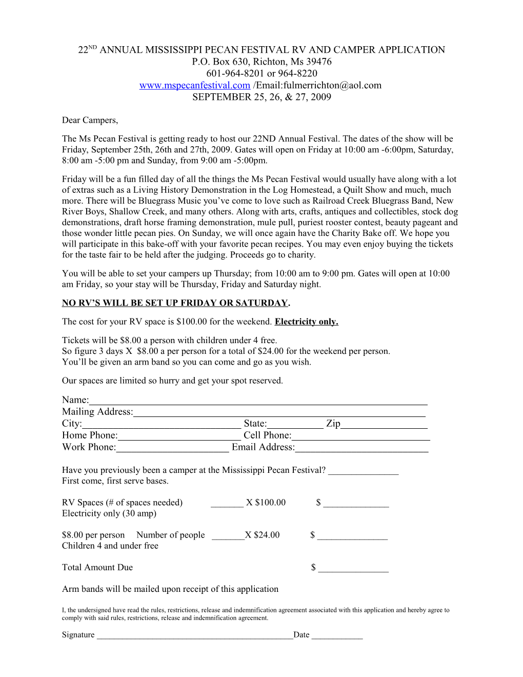 20Th Annual Mississippi Pecan Festival Rv and Camper Application