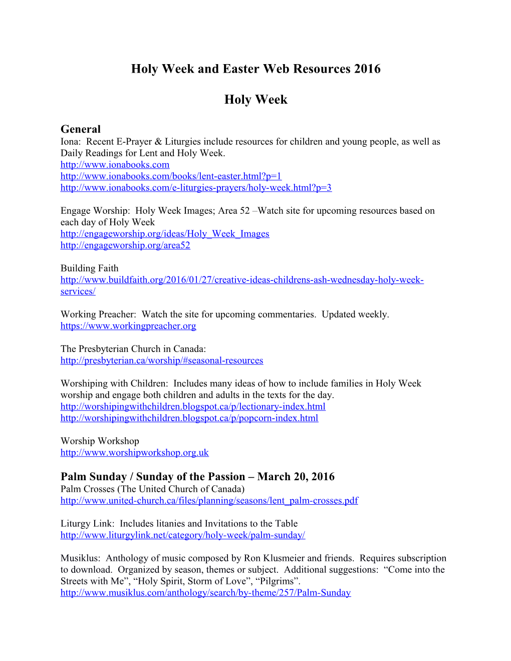 Holy Week and Easter Web Resources 2016