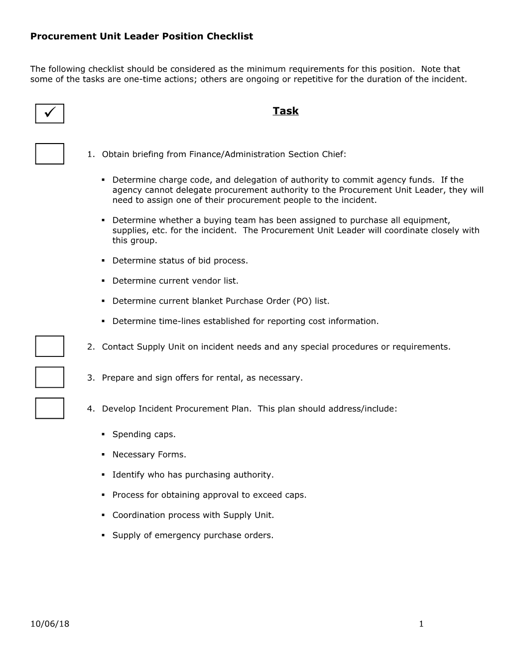 Procurement Unit Leader Position Checklist