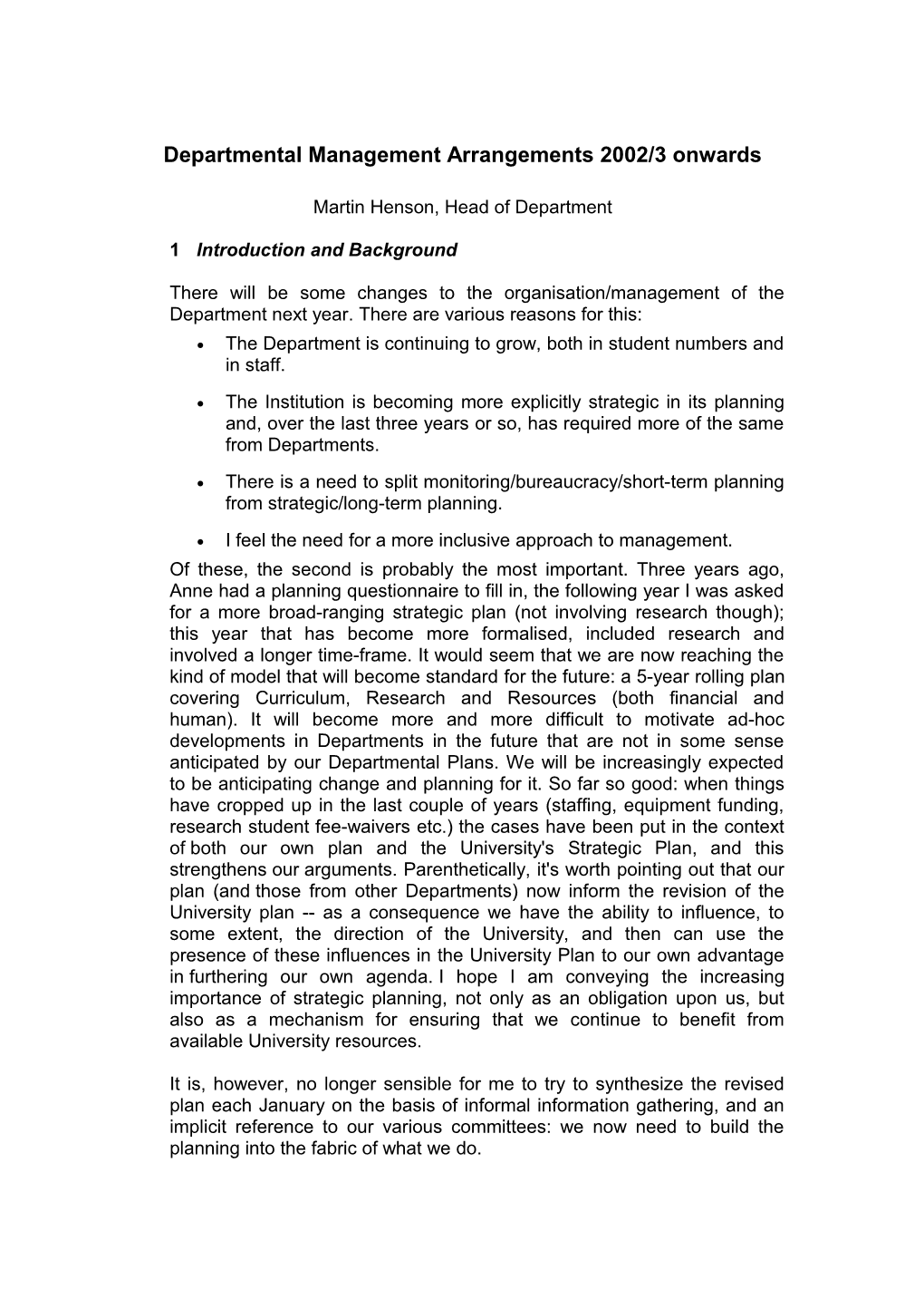 Departmental Management Arrangements 2002/3 Onwards