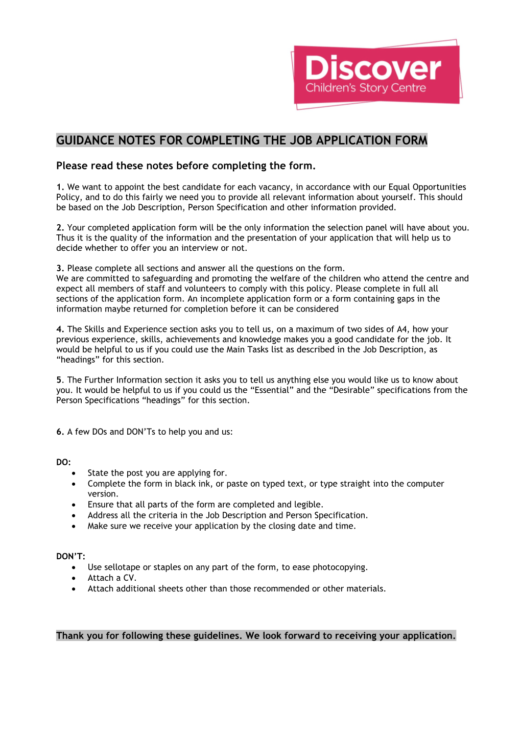 Guidance Notes for Completing the Job Application Form