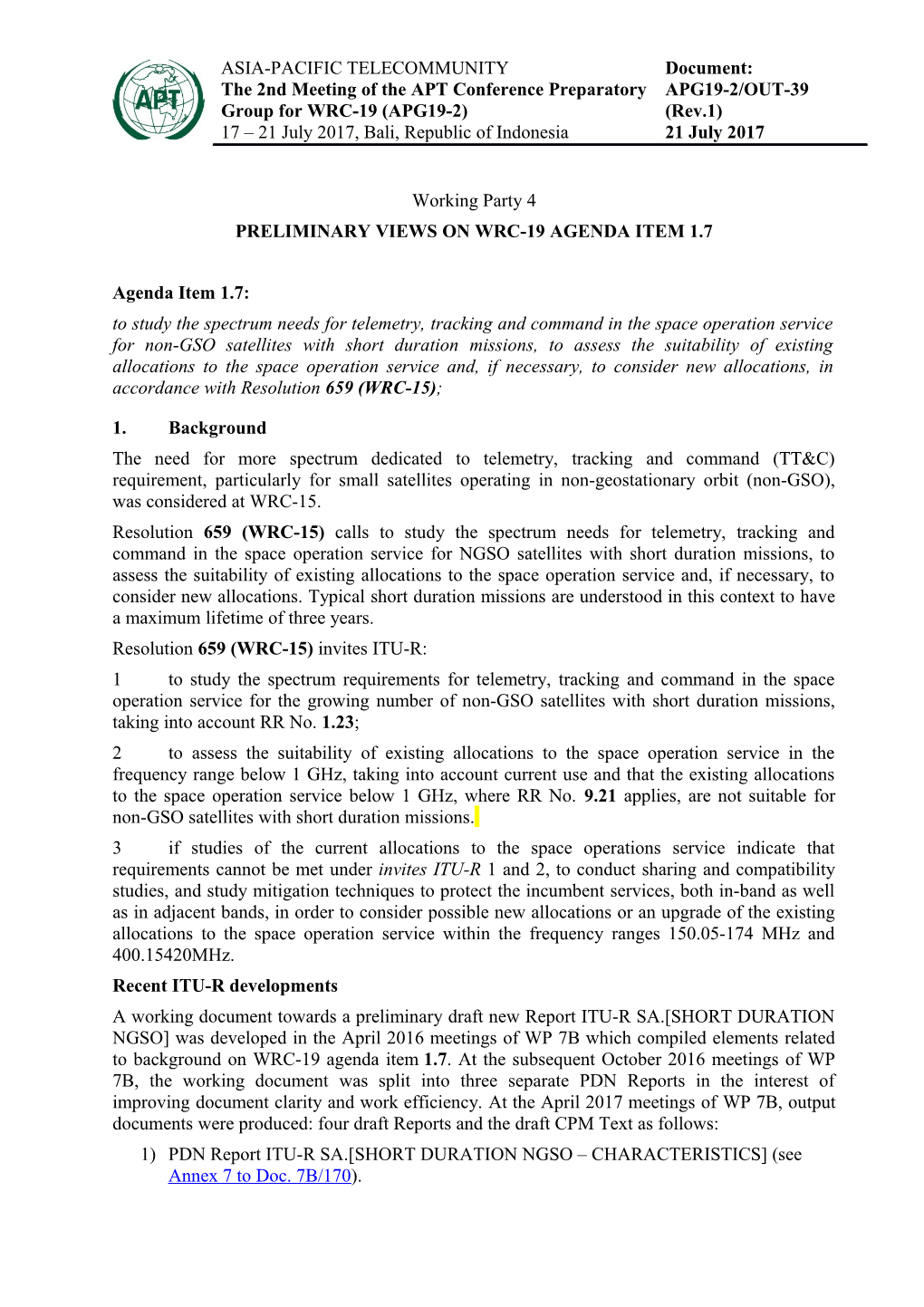 PRELIMINARY Views on WRC-19 Agenda Item 1.7