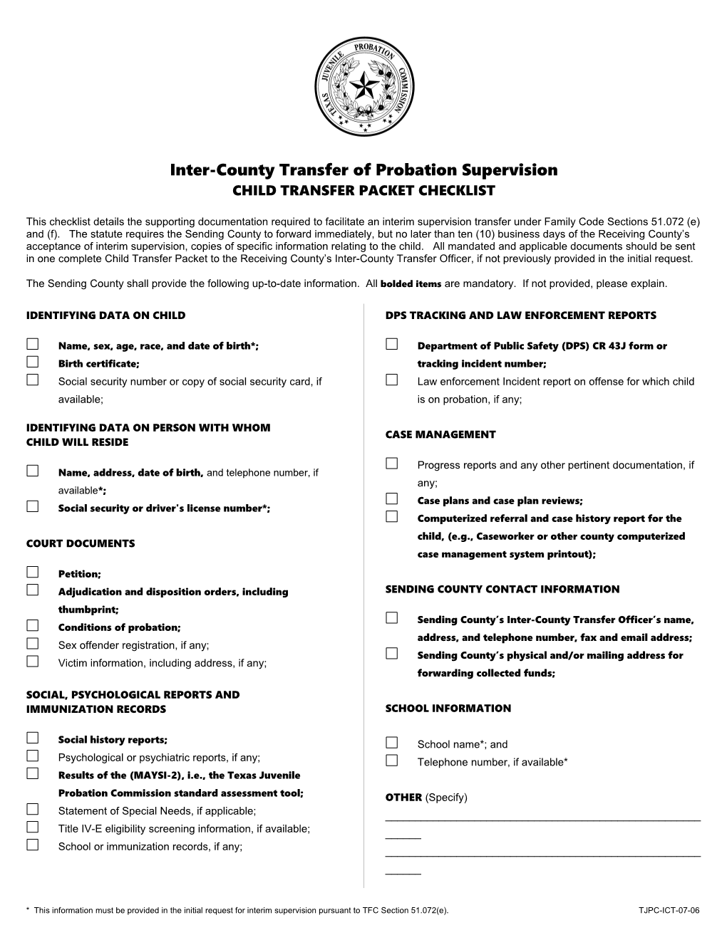 TJPC-ICT-07-06 Child Transfer Packet Checklist