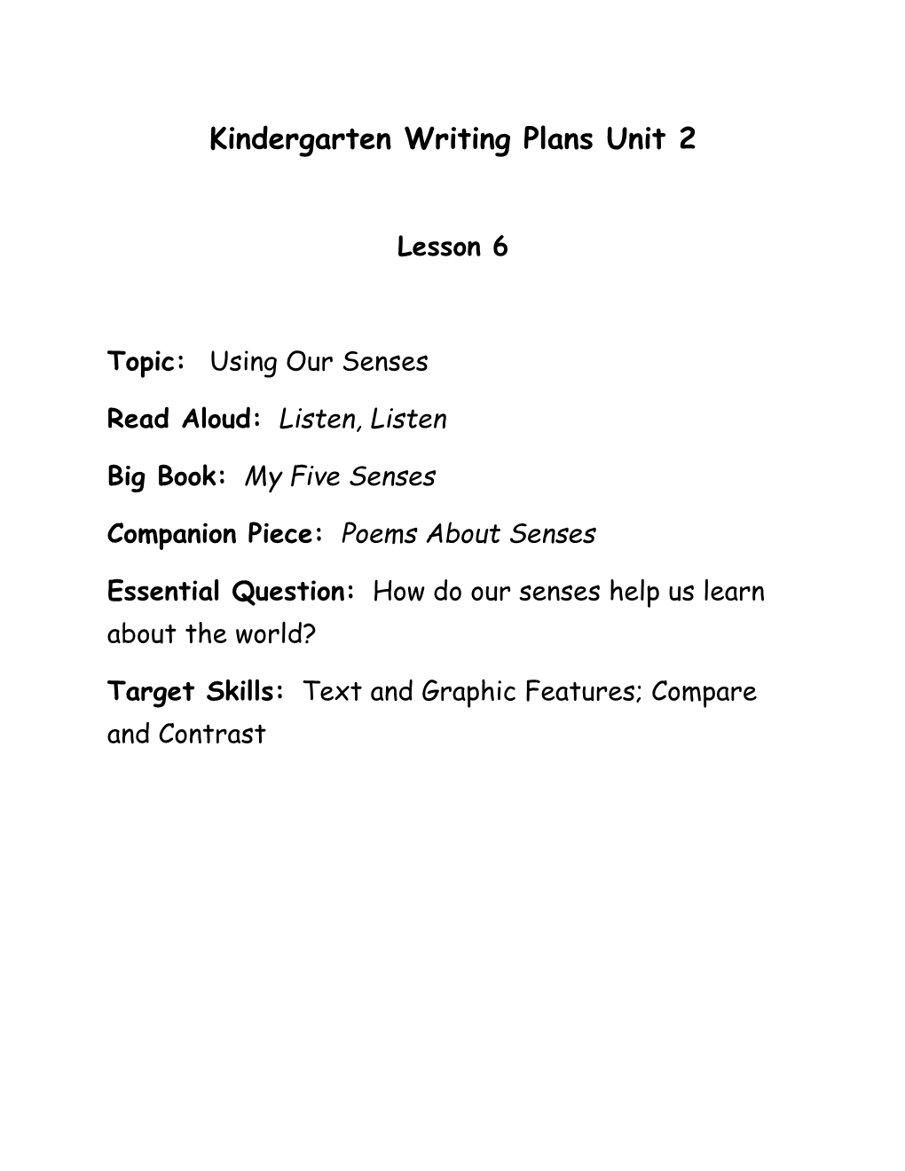 Kindergarten Writing Plans Unit 2