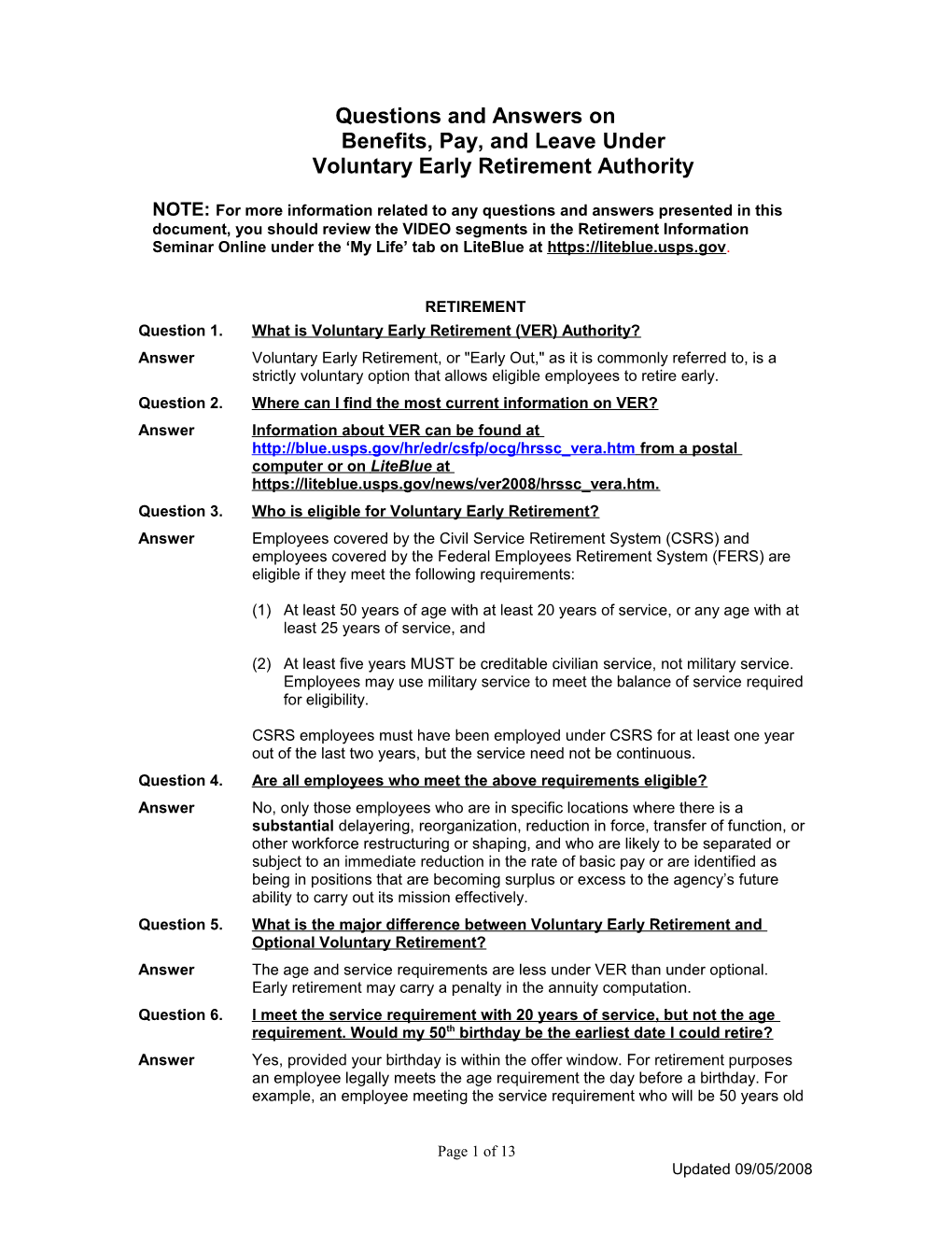 MEMO: Information Package Voluntary Early Retirement Authority