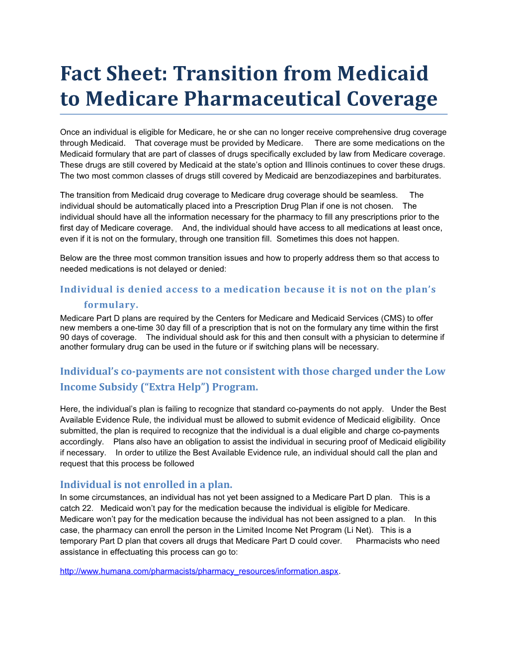 Fact Sheet: Transition from Medicaid to Medicare Pharmaceutical Coverage