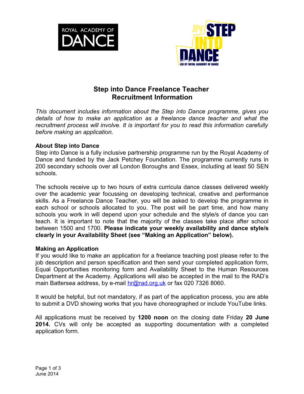 Step Into Dance Freelance Teacher Recruitment : Additional Information