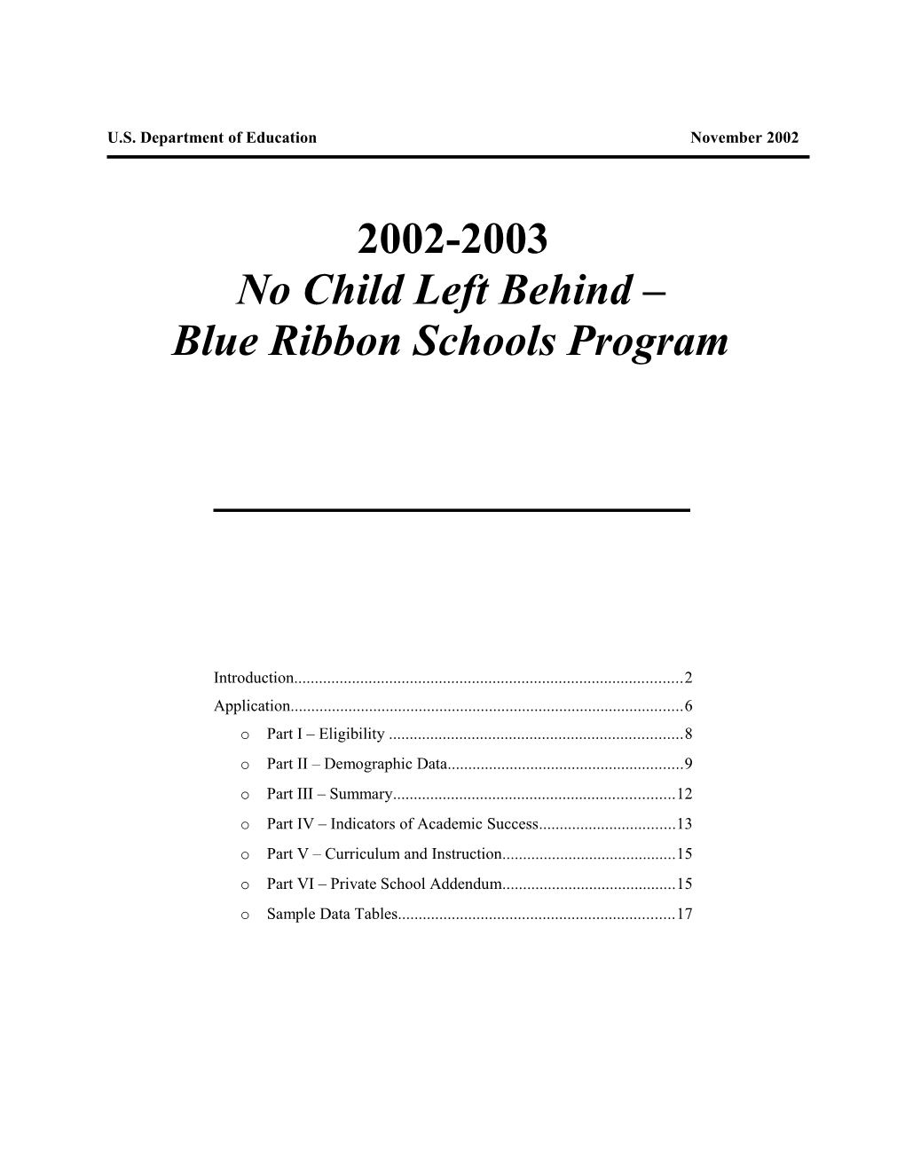 Application 2002-2003, No Child Left Behind-Blue Ribbon Schools Program