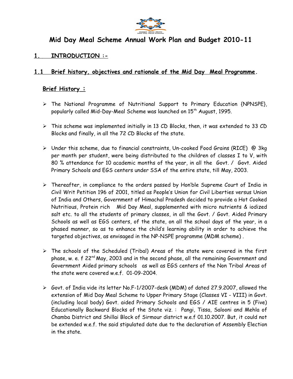 Mid Day Meal Scheme Annual Work Plan and Budget 2010-11