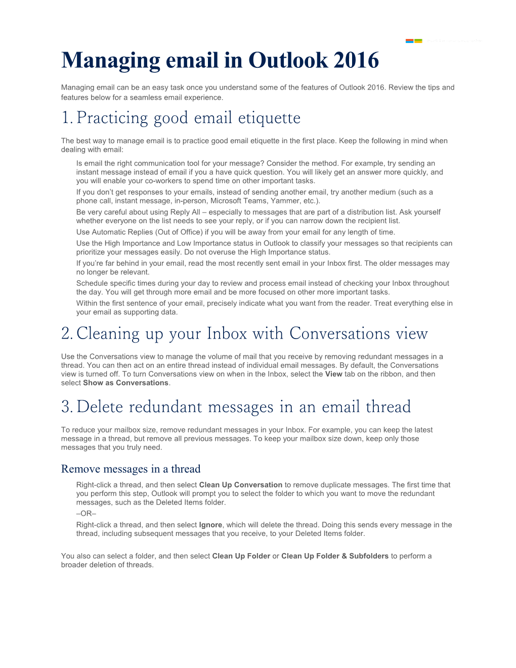 Page 1 Managing Email in Outlook 2016