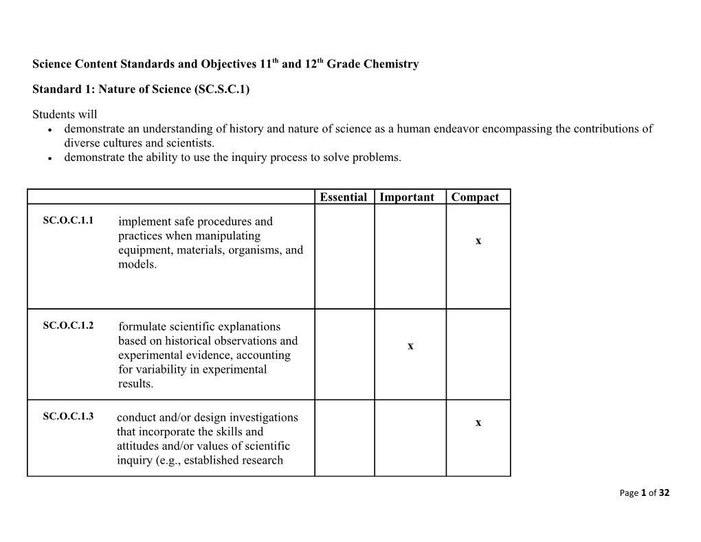Science Content Standards and Objectives 11Th and 12Th Grade Chemistry