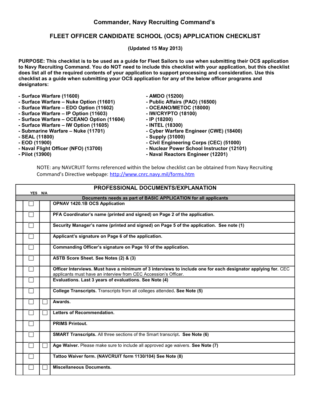 Fleet Officer Candidate School (Ocs) Application Checklist