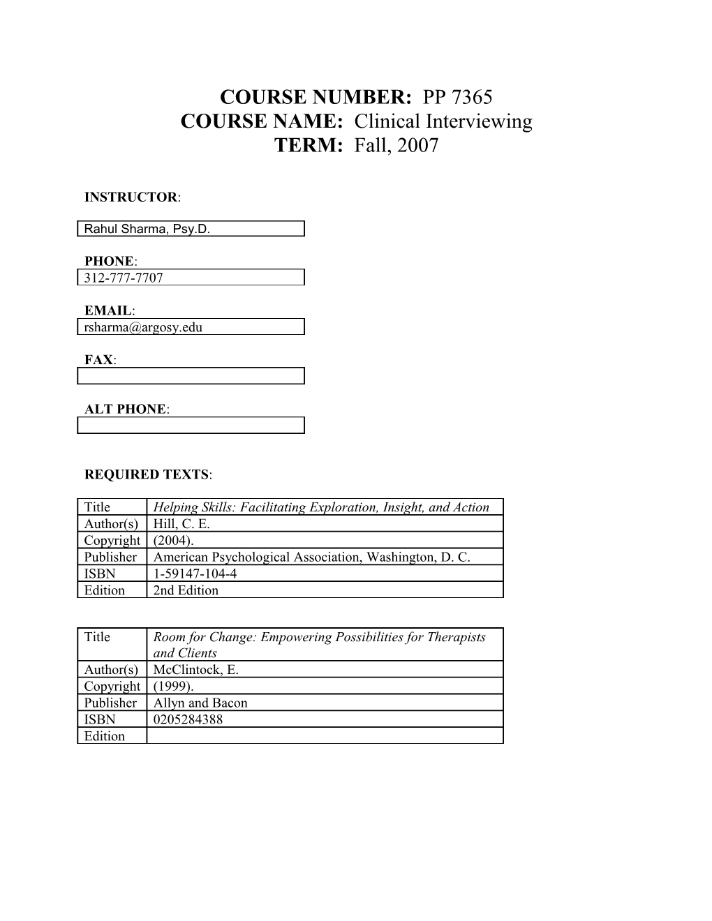 COURSE NAME: Clinical Interviewing