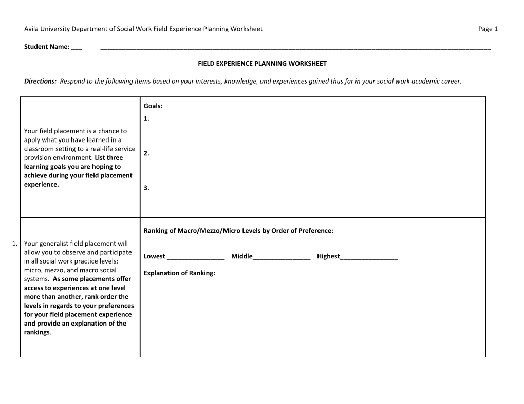 Avila University Department of Social Work Field Experience Planning Worksheet Page 1