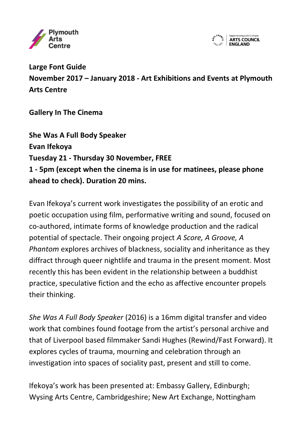 November 2017 January 2018- Art Exhibitions and Events at Plymouth Arts Centre