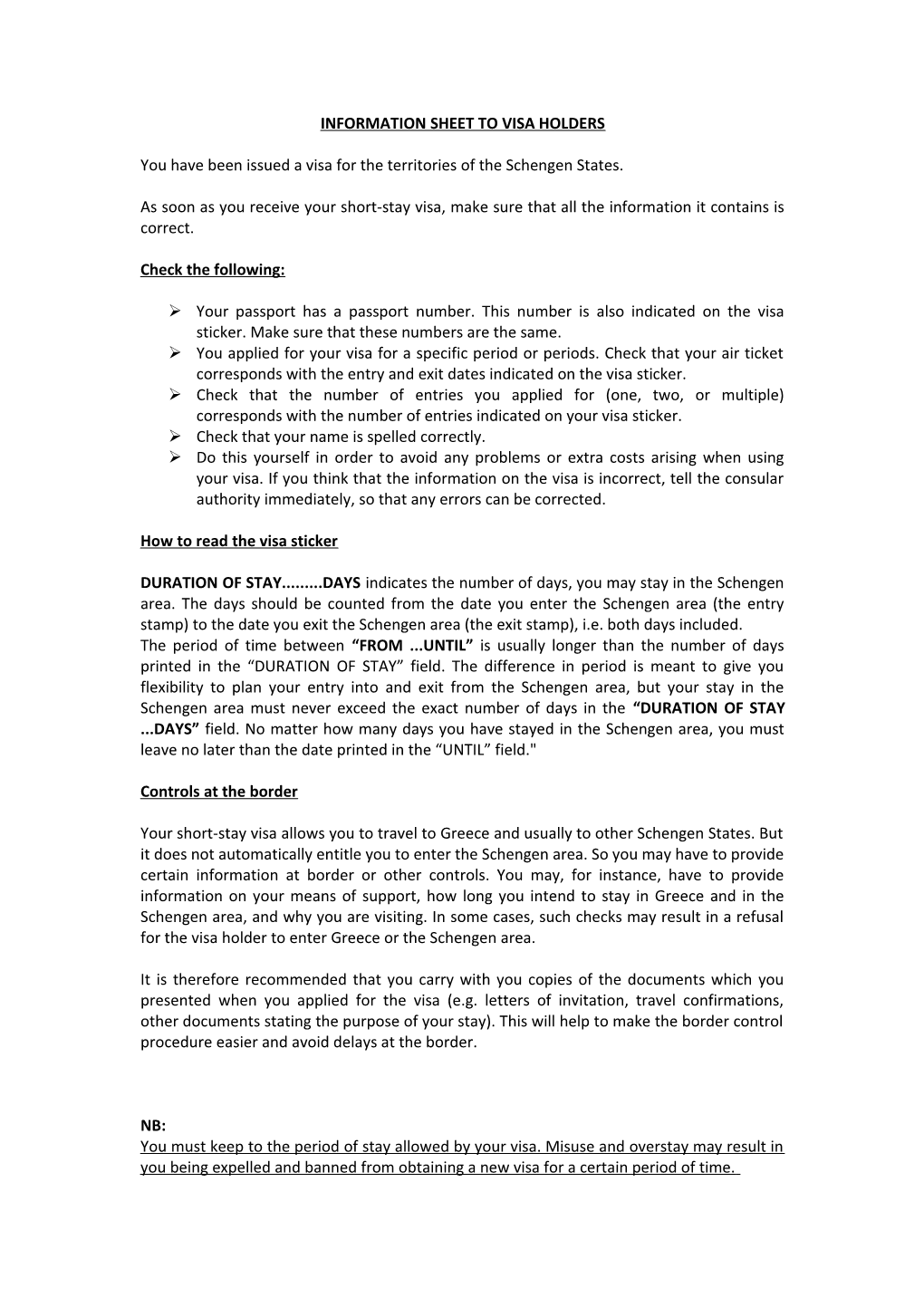 Information Sheet to Visa Holders