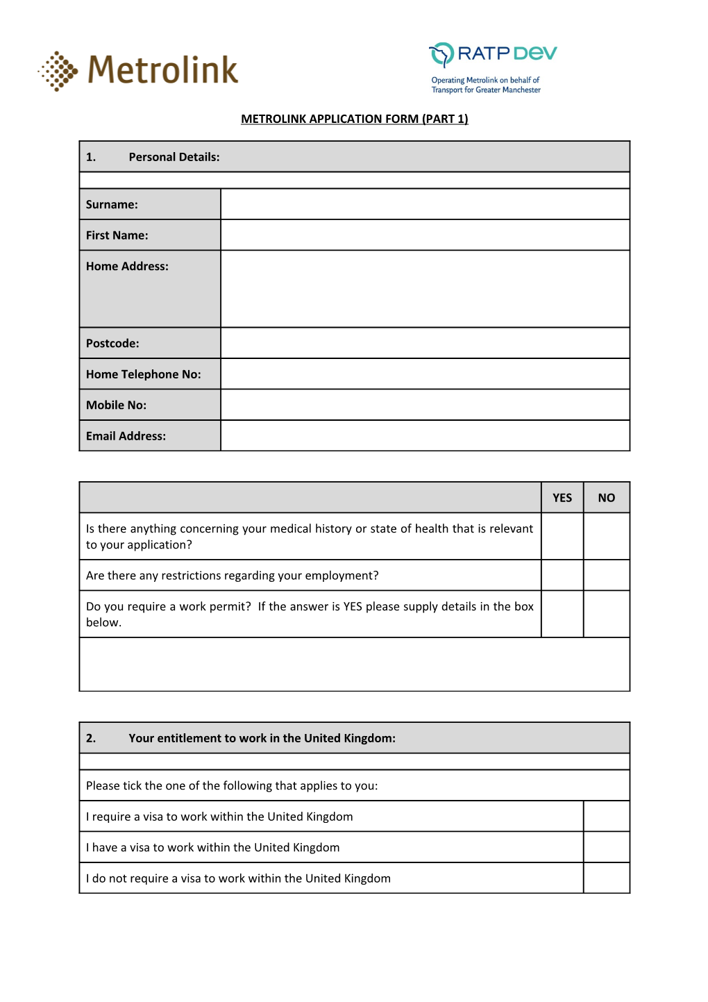 Metrolink Application Form (Part 1)