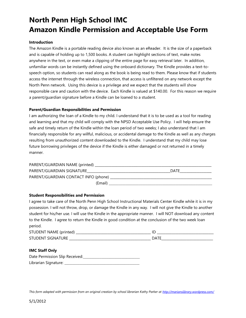 Amazon Kindle Permission and Acceptable Use Form