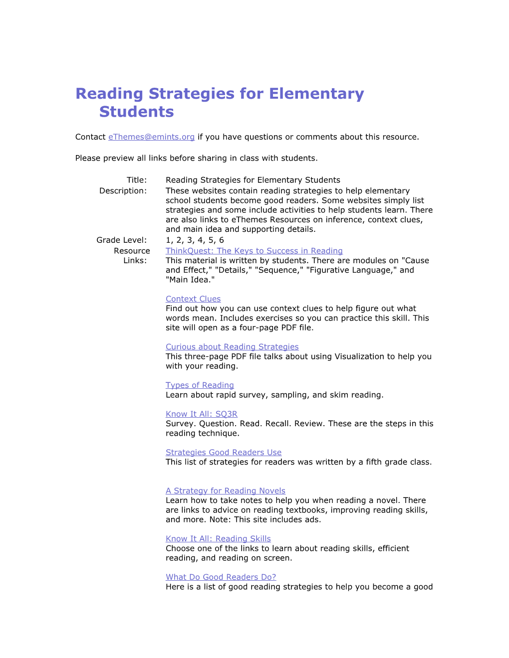 Reading Strategies for Elementary Students