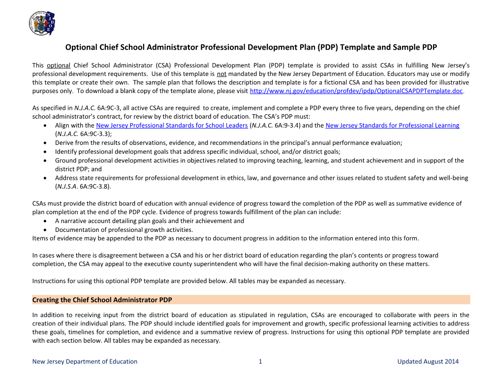 Optional Chief School Administrator Professional Development Plan (PDP) Template and Sample