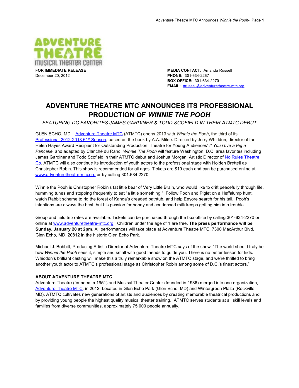 Adventure Theatre MTC Announces Winnie the Pooh- Page 1