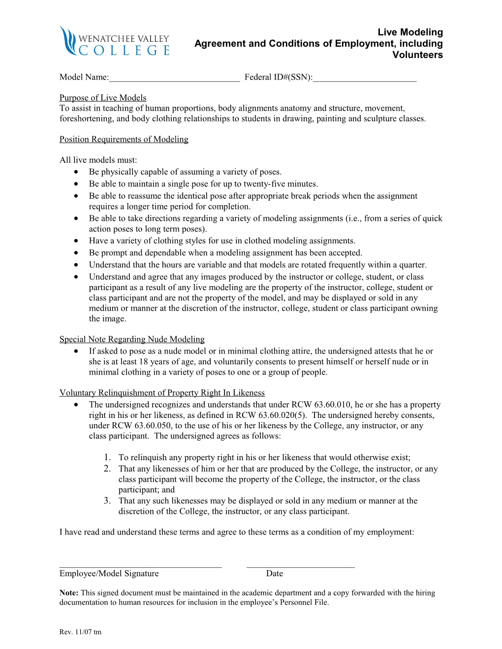 Agreement and Conditions of Employment, Including Volunteers