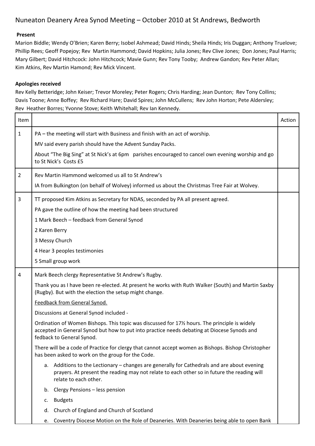 Nuneaton Deanery Area Synod Meeting October 2010 at St Andrews, Bedworth