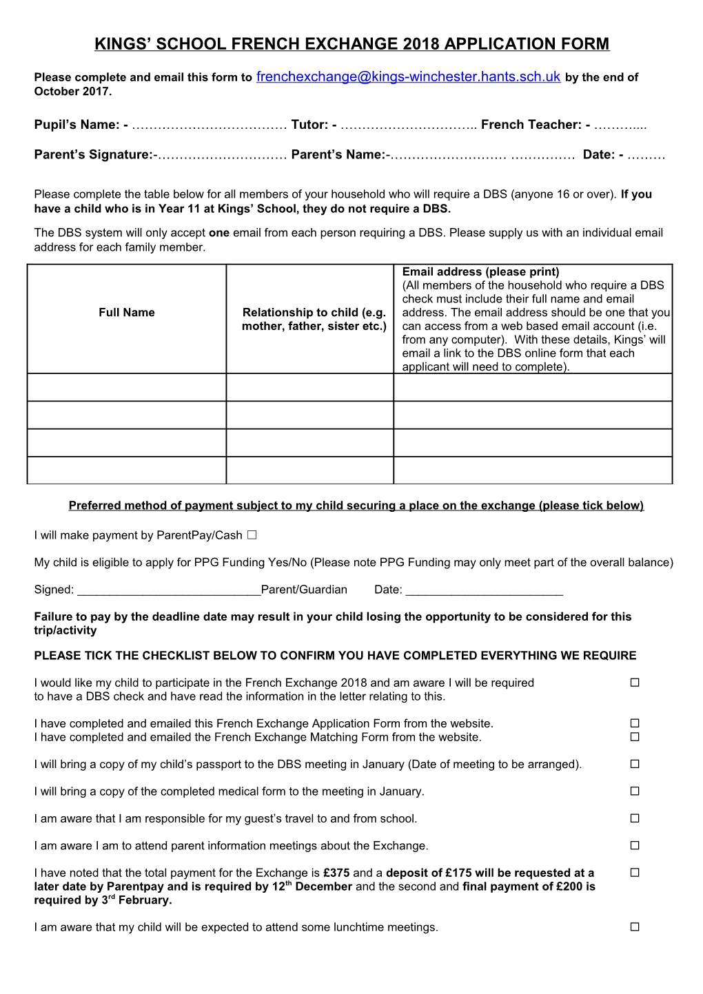 Kings School French Exchange 2018Application Form