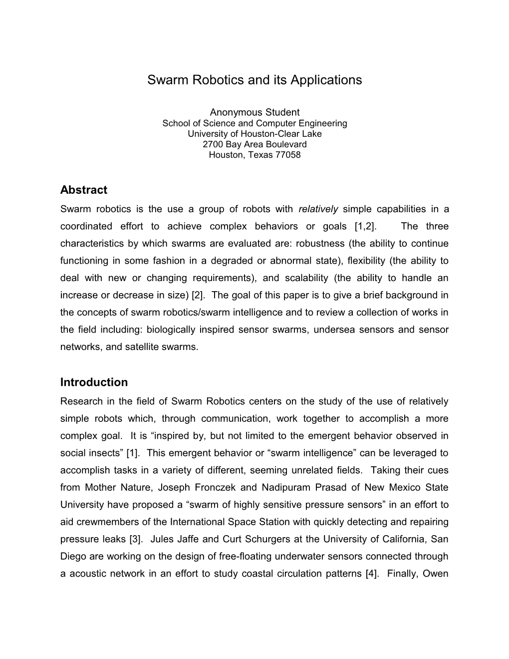 Swarm Robotics and Intelligence: Review and Applications