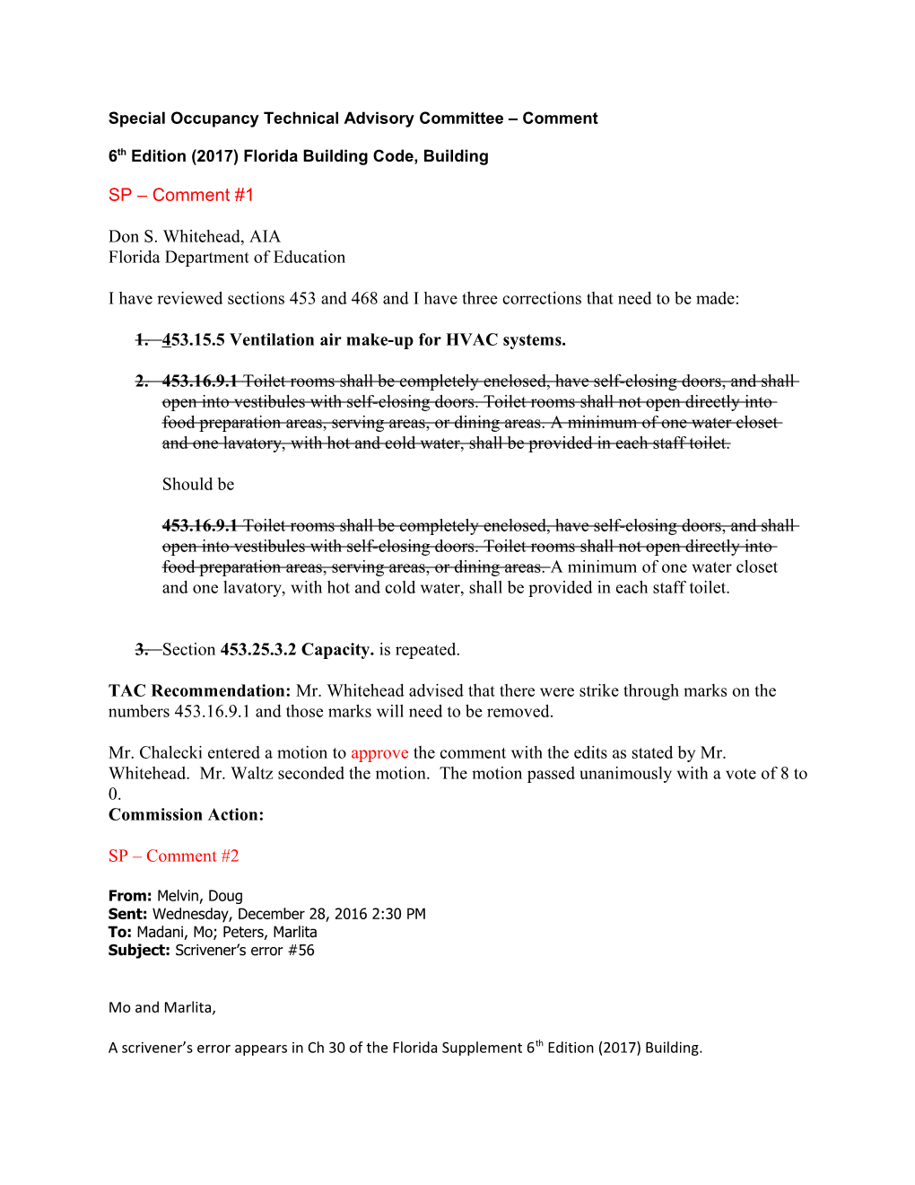 Special Occupancy Technical Advisory Committee Comment