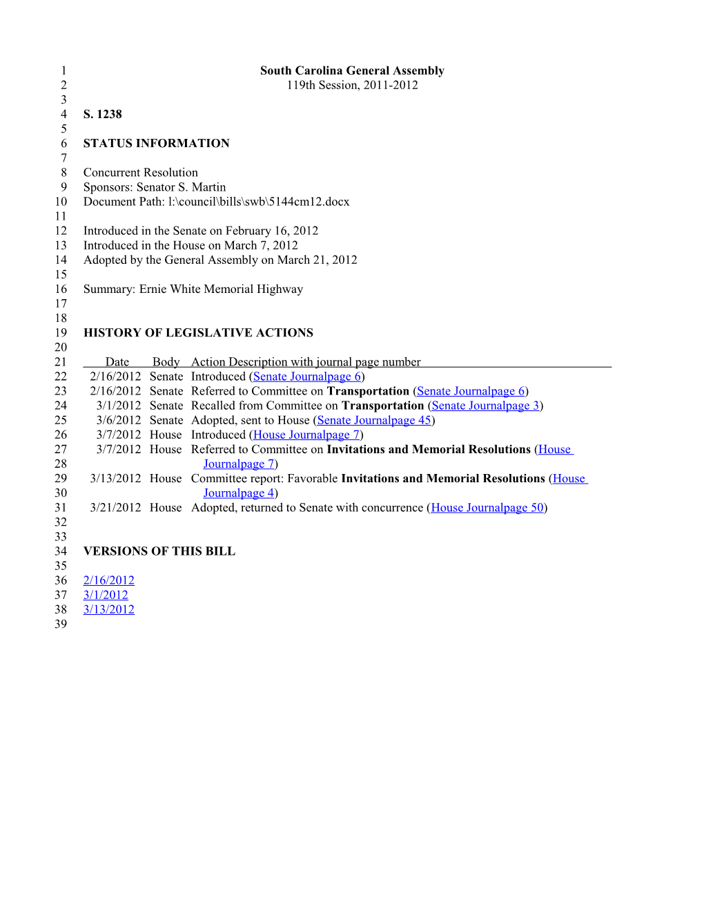2011-2012 Bill 1238: Ernie White Memorial Highway - South Carolina Legislature Online