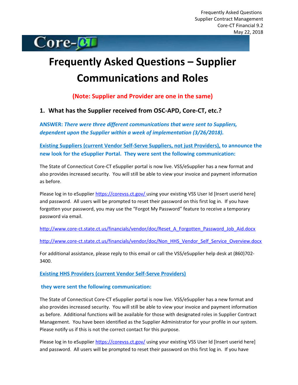 Frequently Asked Questions Supplier Communications and Roles