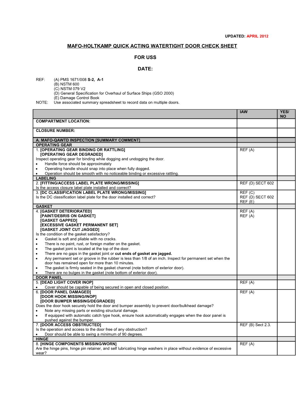 Mafo-Holtkamp Quick Acting Watertight Door Check Sheet (Cont D)