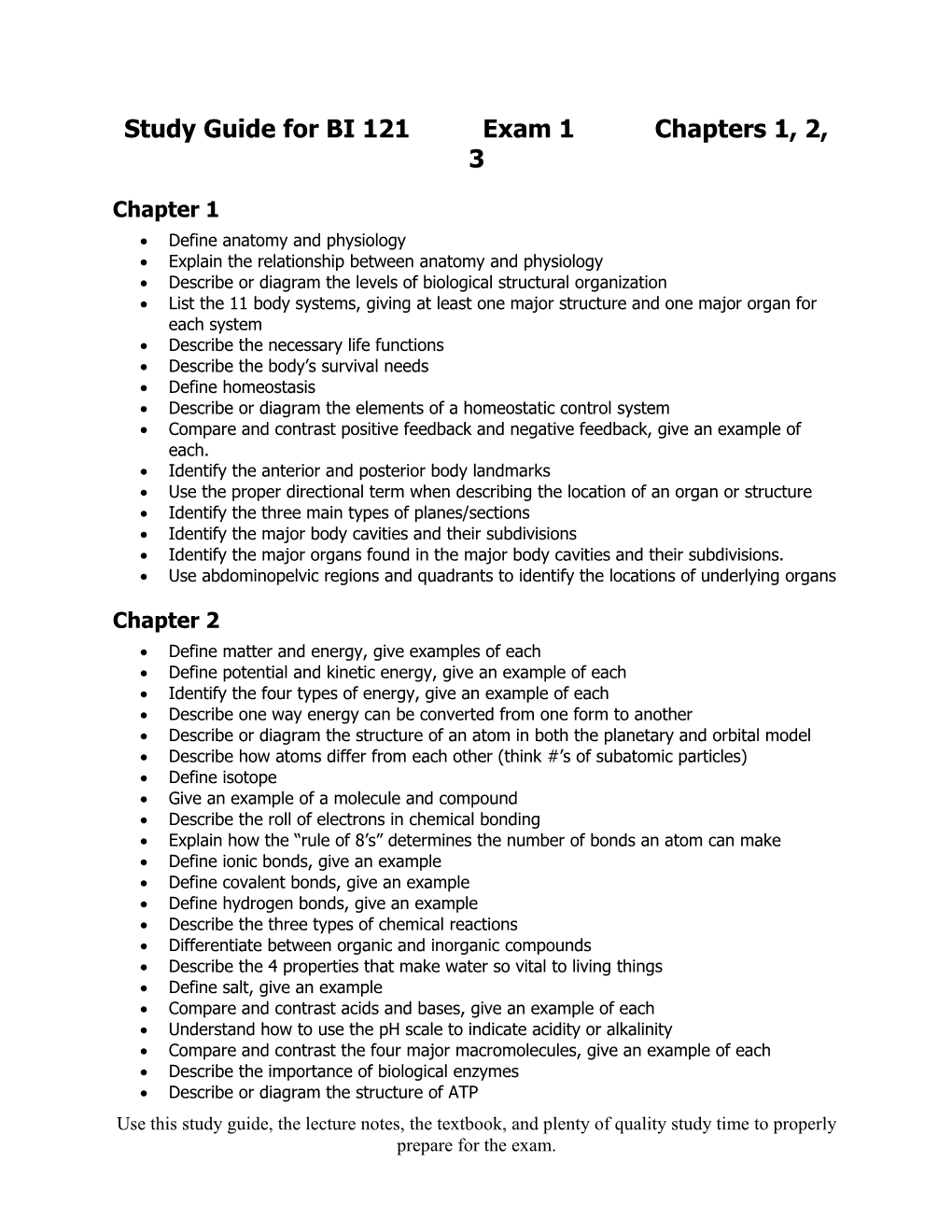 Study Guide for BI 121 Exam 1 Chapters 1, 2, 3
