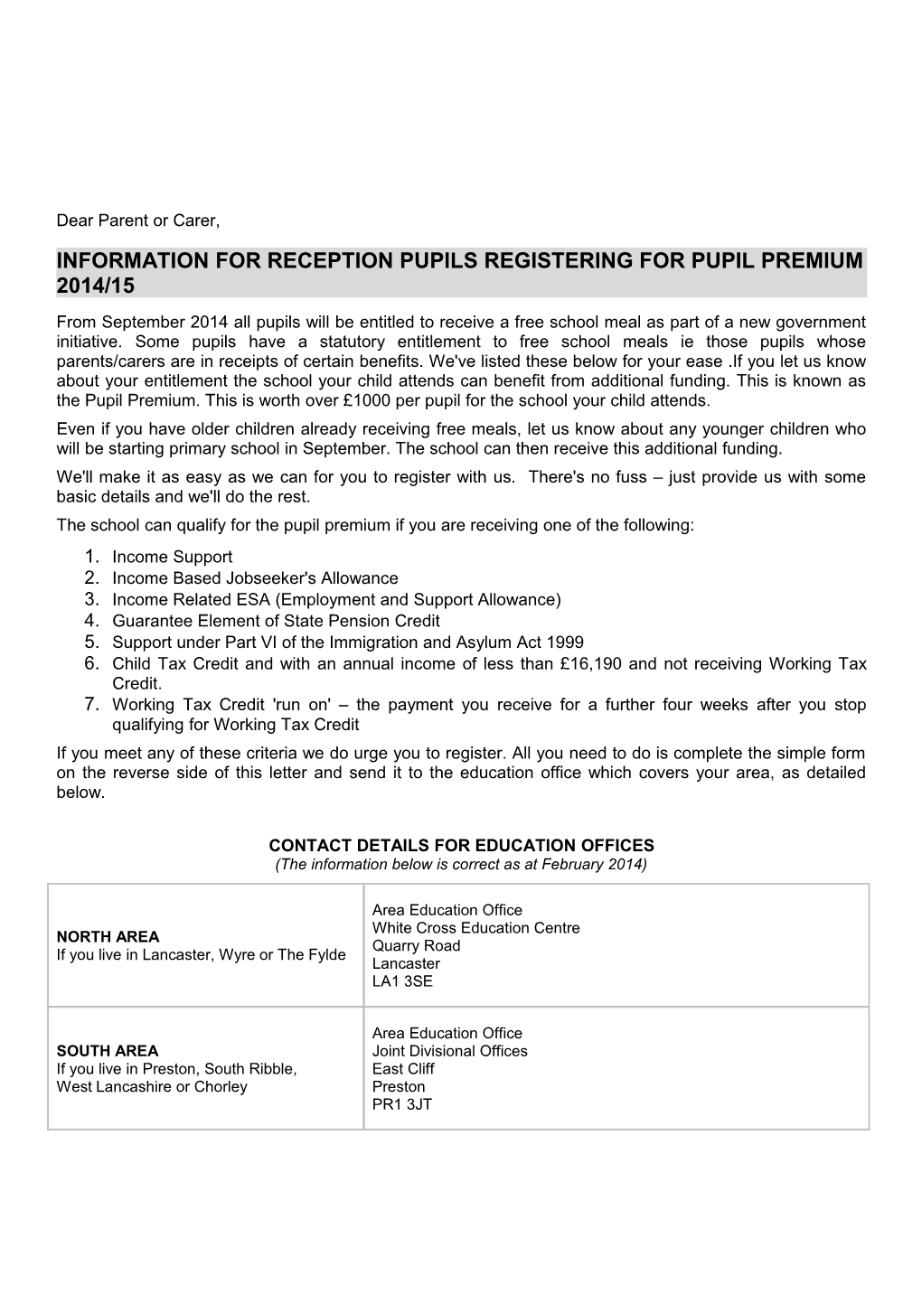 Information for Reception Pupils Registering for Pupil Premium2014/15