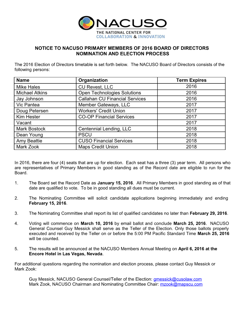 Nacuso Directors Election Timetable