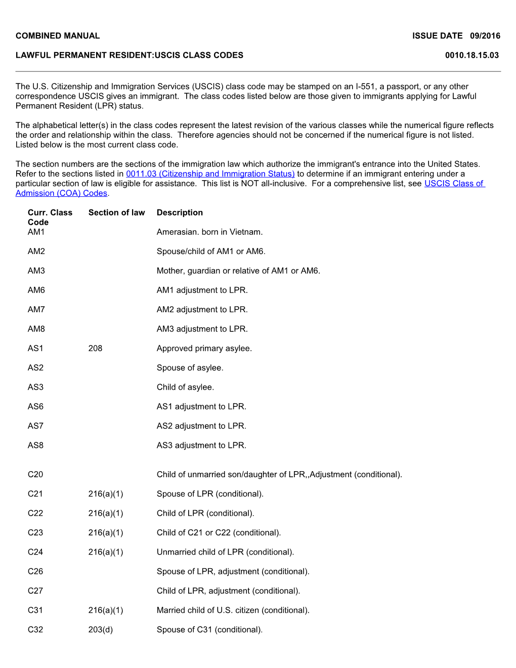 Lawful Permanent Resident:Uscis Class Codes