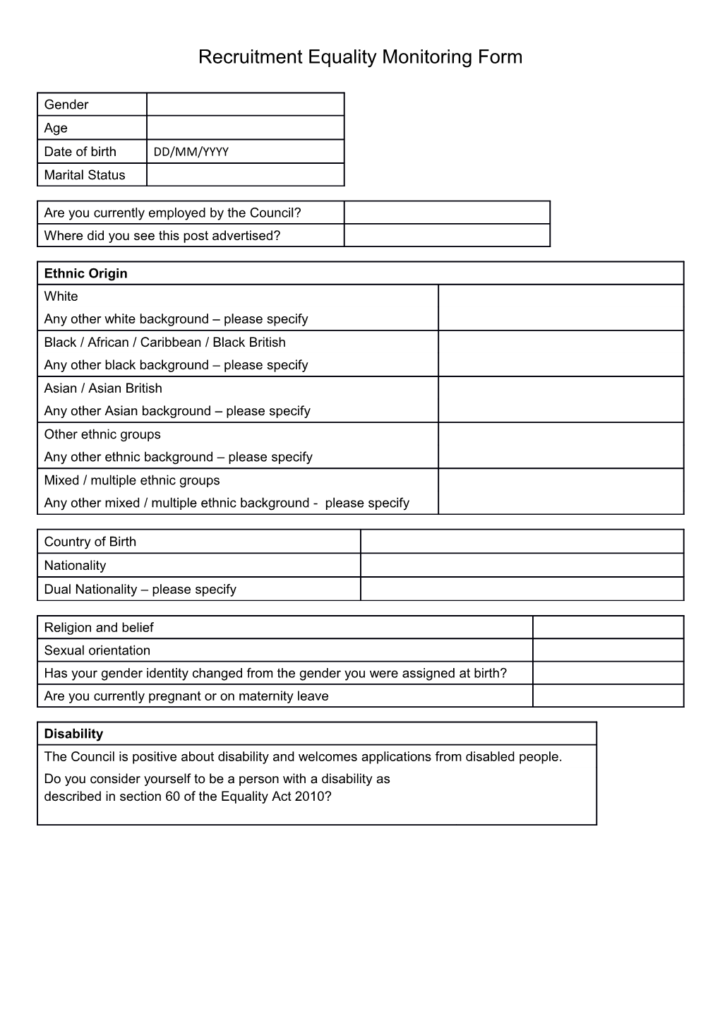 Recruitment Equality Monitoring Form