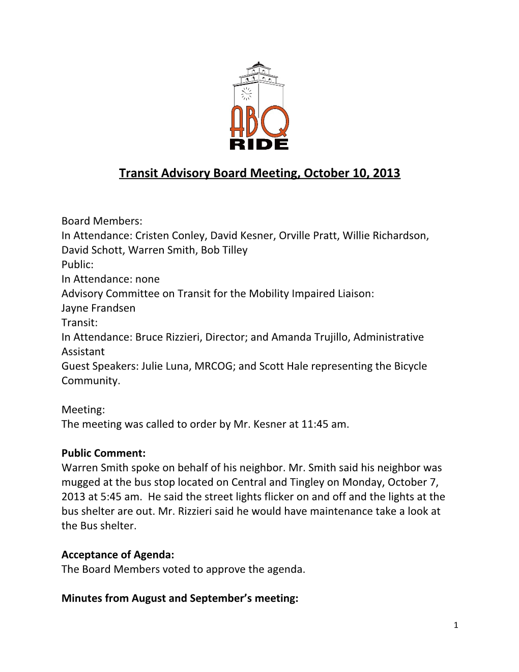 Transit Advisory Board Meeting, October 10, 2013