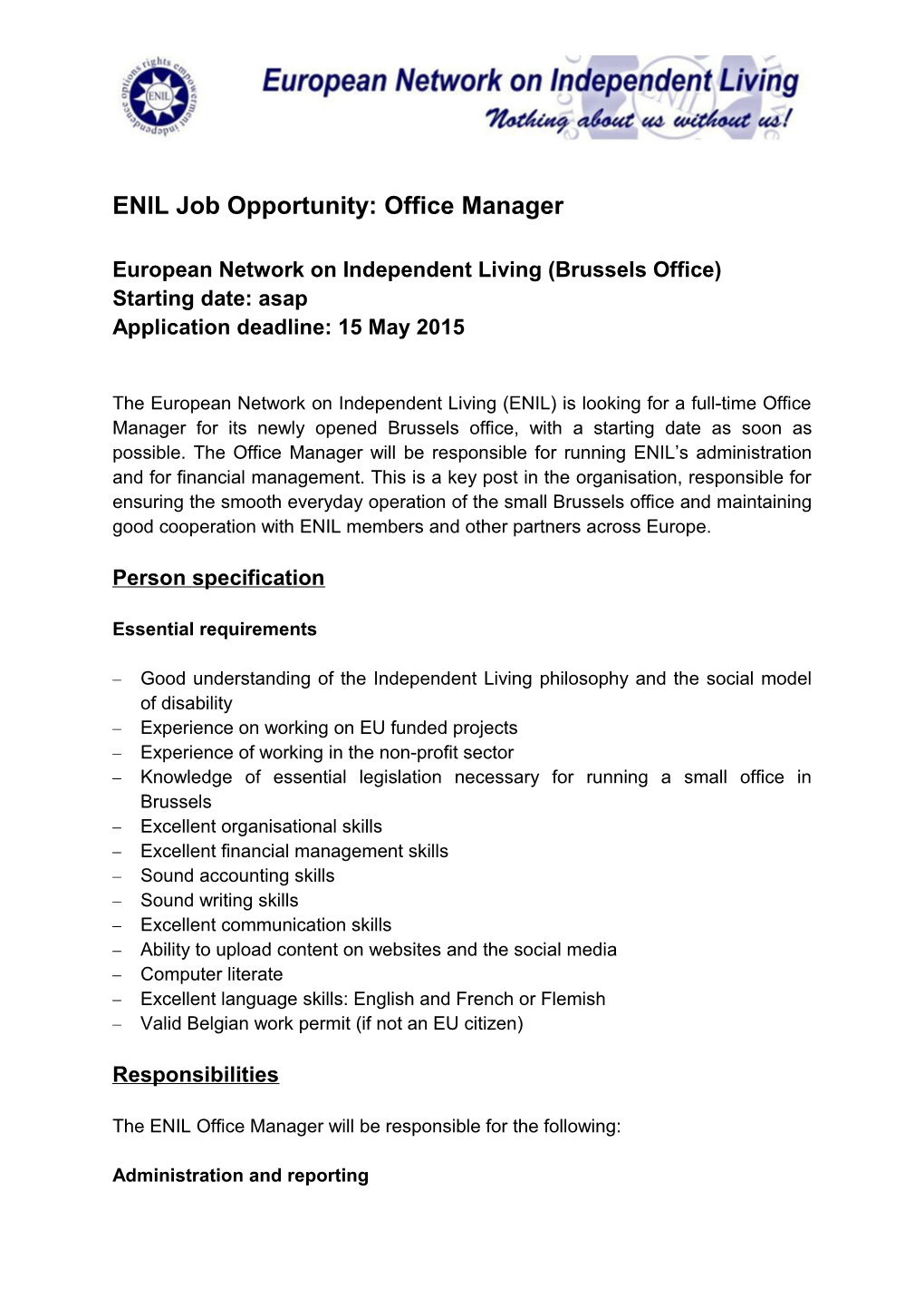 ENIL Job Opportunity: Office Manager