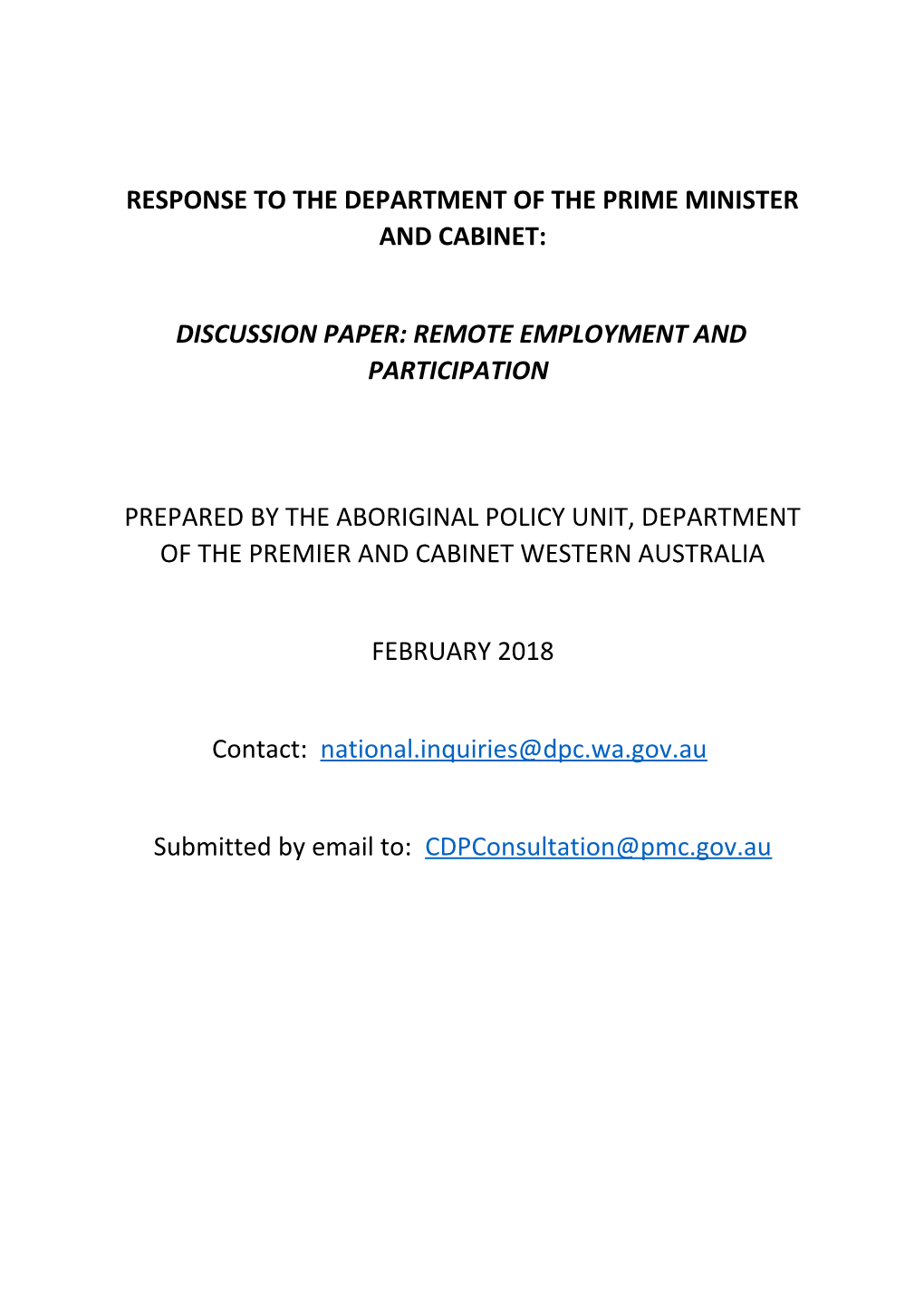 Western Australian Government Submission to the Paper Remote Employment and Participation