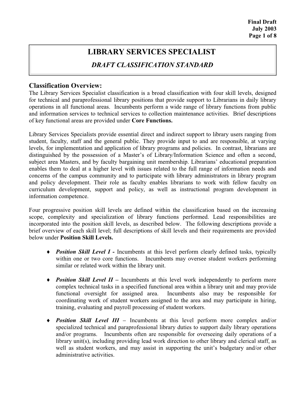 Library Services Specialist Classification