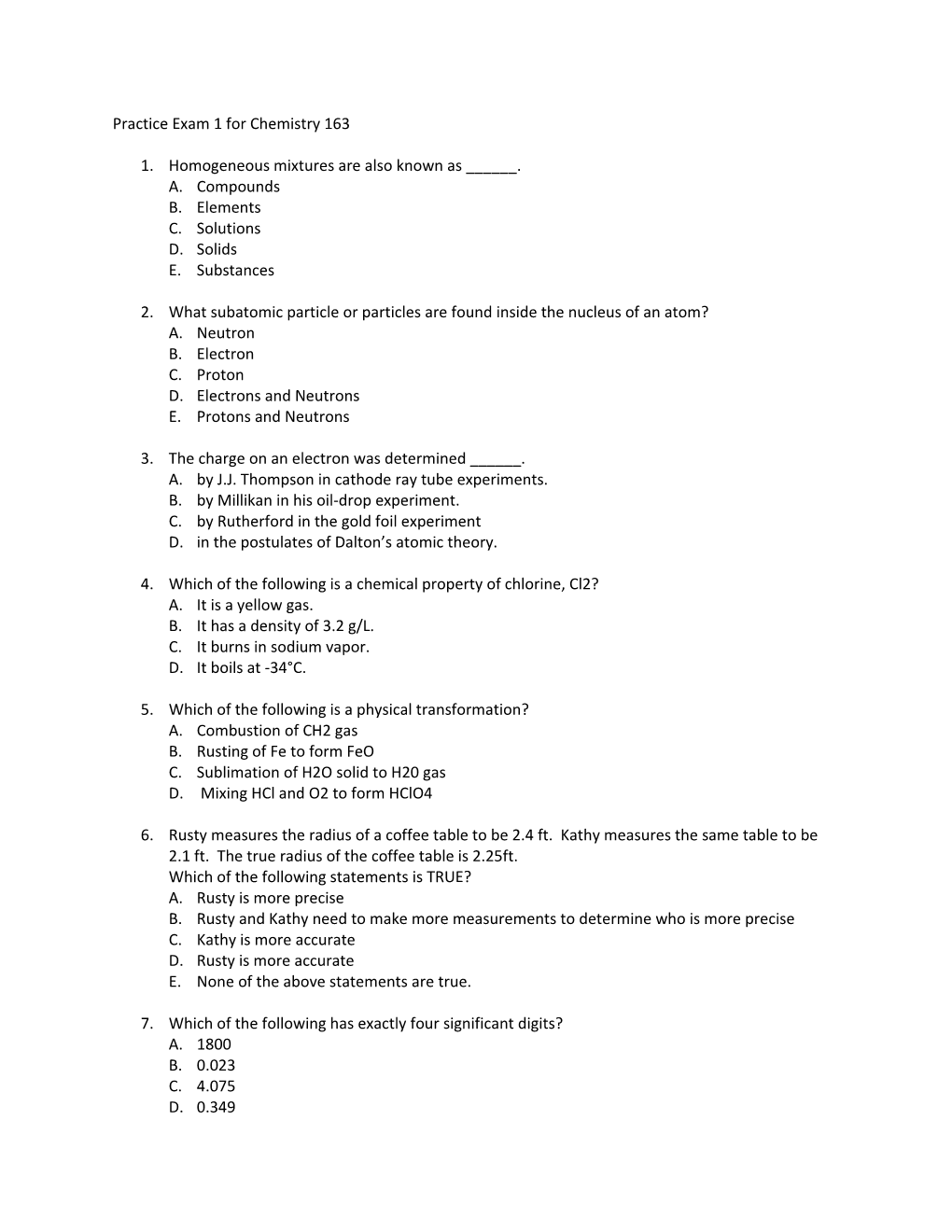 Practice Exam 1 for Chemistry 163