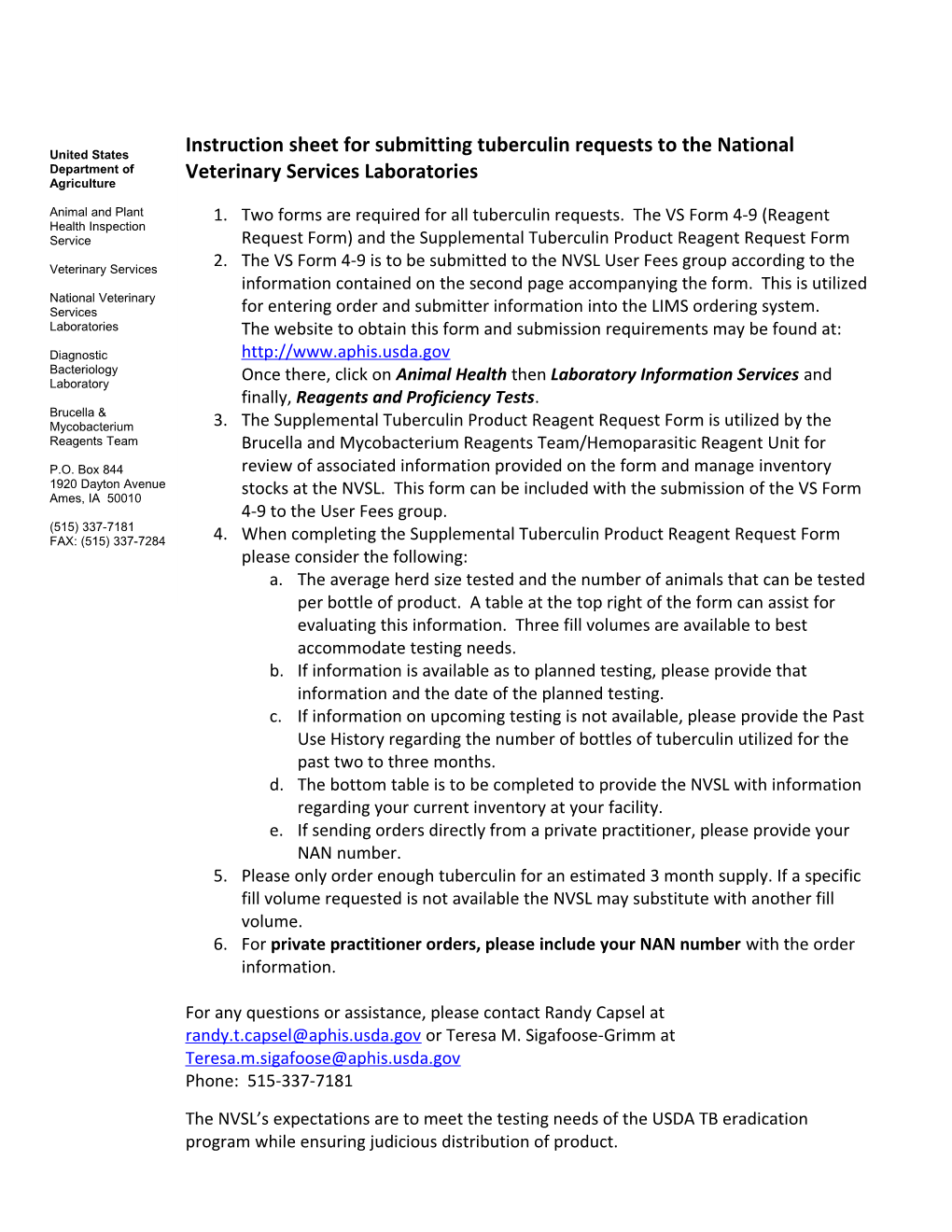 Instruction Sheet for Submitting Tuberculin Requests to the National Veterinary Services