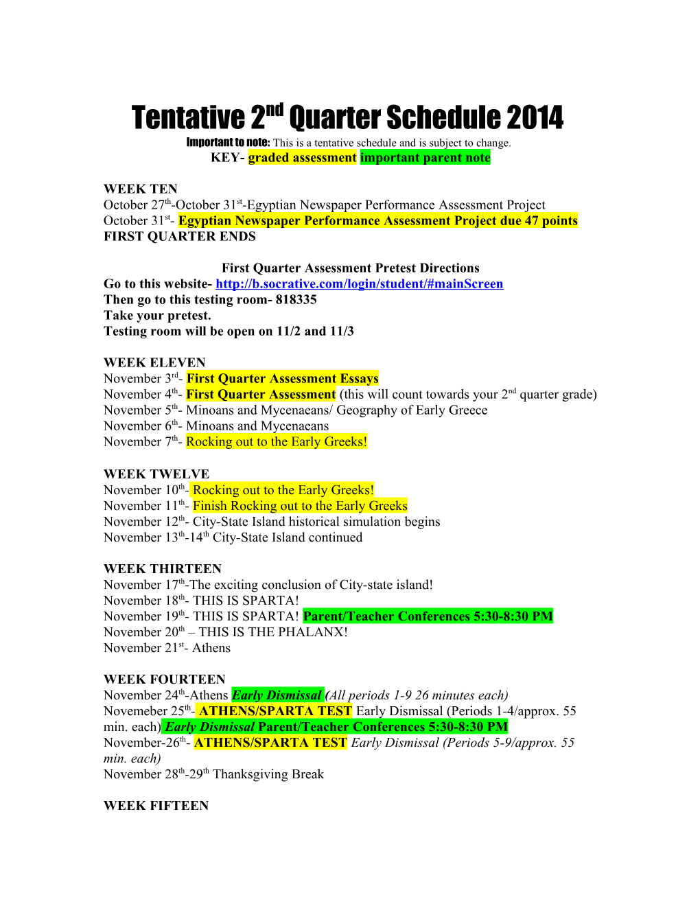 Tentative 2Nd Quarter Schedule