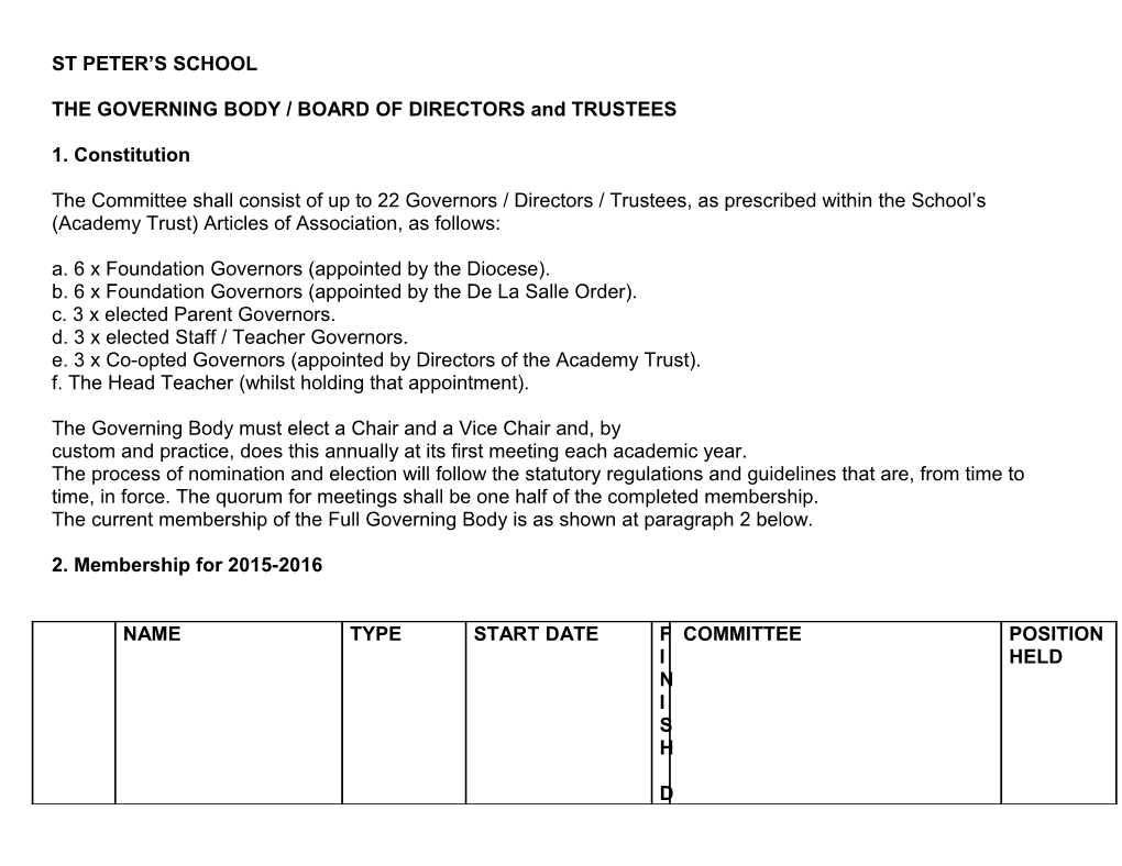 THE GOVERNING BODY / BOARD of DIRECTORS and TRUSTEES