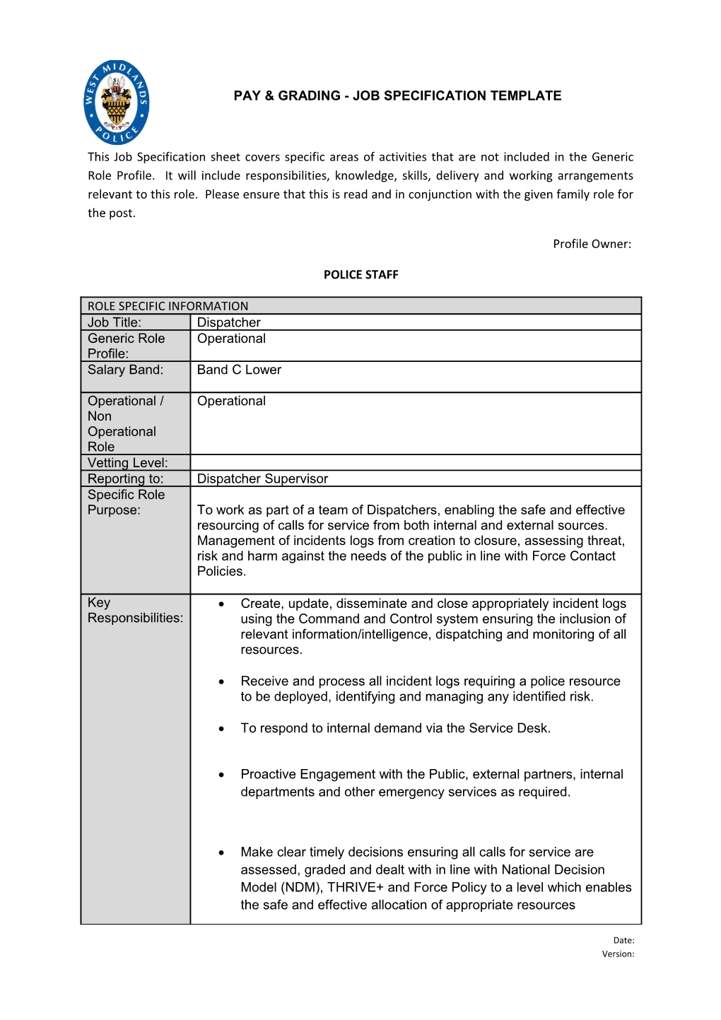 Pay & Grading - Jobspecification Template