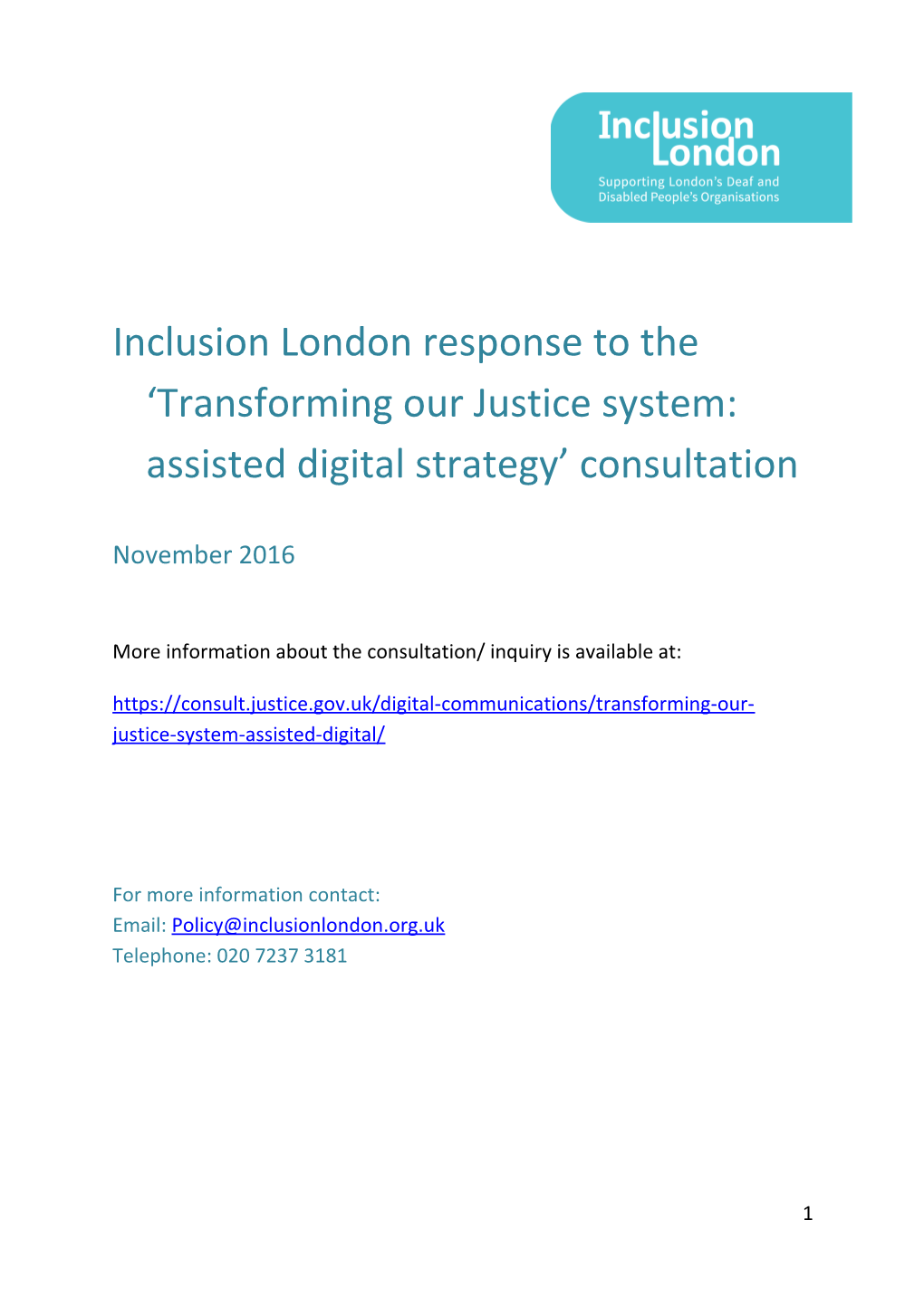 Inclusion London Response to the Transforming Our Justice System: Assisted Digital Strategy